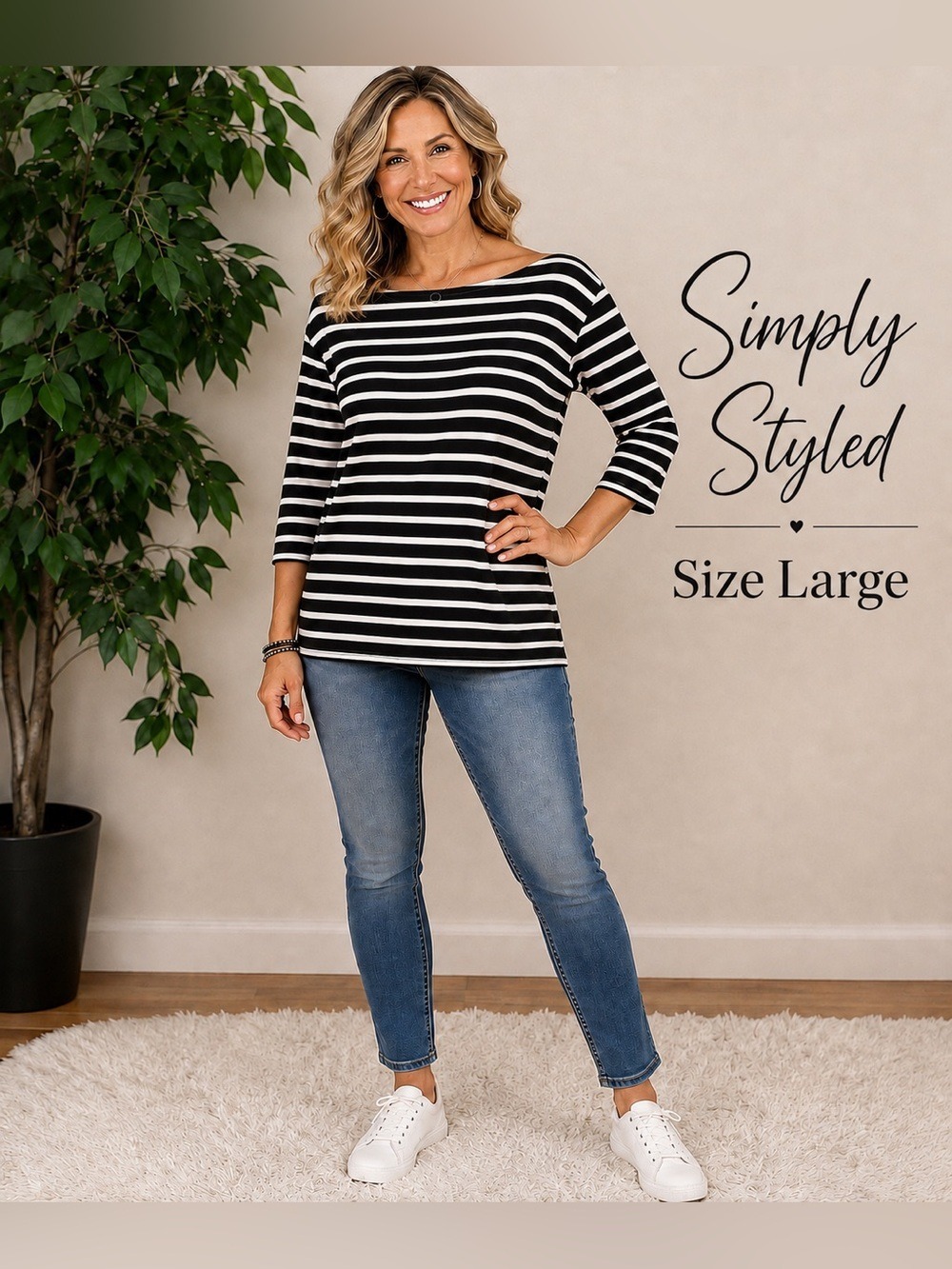 Simply Styled Black & White Striped Boatneck Top Size Large